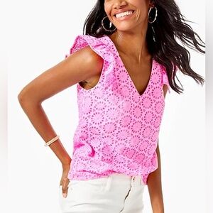 Lilly Pulitzer Lina Top in the Prosecco Pink Neon Geo Eyelet pattern.